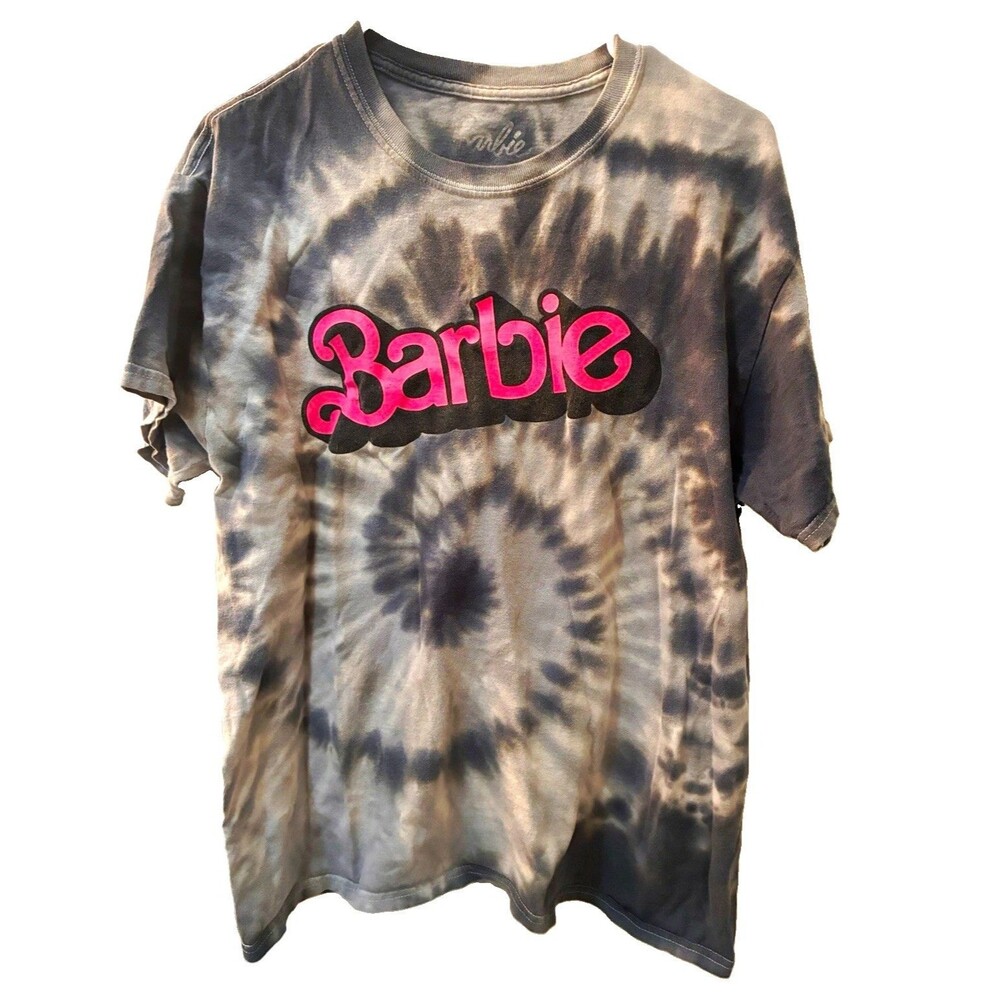 Barbie Tie-Dye Logo Graphic Tee - Gray/Black/Pink - Crew Neck Short Sleeve - L